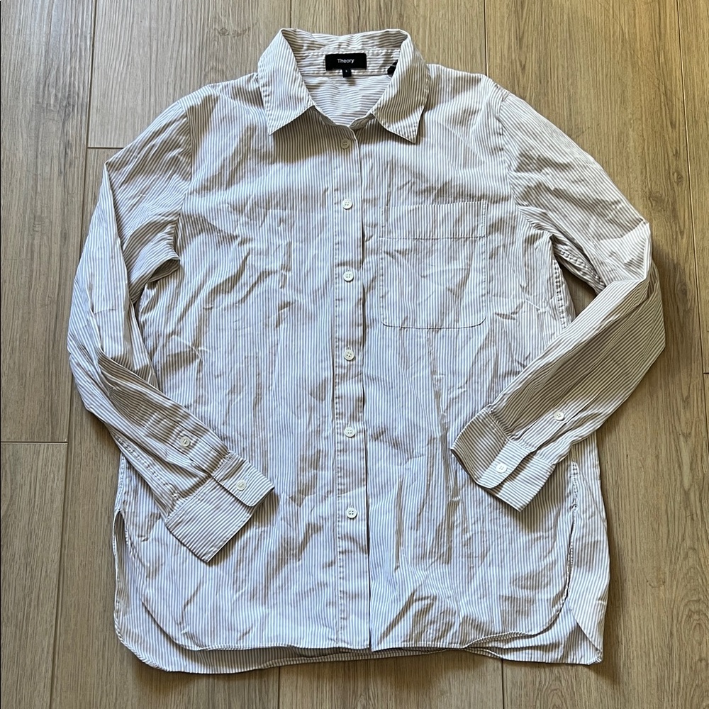 Theory Women’s Button Up Shirt Beige Size Small Striped Collared Shirt